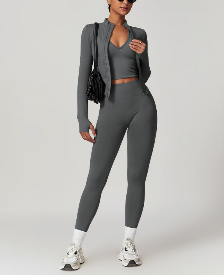 Ensemble SEAMLESS RUN•AKTIV – Soutien-gorge + legging + veste zippée manches longues (3 pièces)