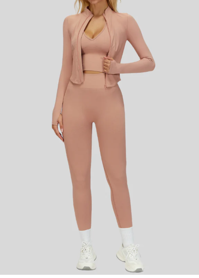 Ensemble SEAMLESS RUN•AKTIV – Soutien-gorge + legging + veste zippée manches longues (3 pièces)